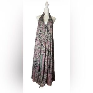 Fashion Fuse Boho Floral Halter Tiered Maxi Dress in Mauve and Olive. Size M.